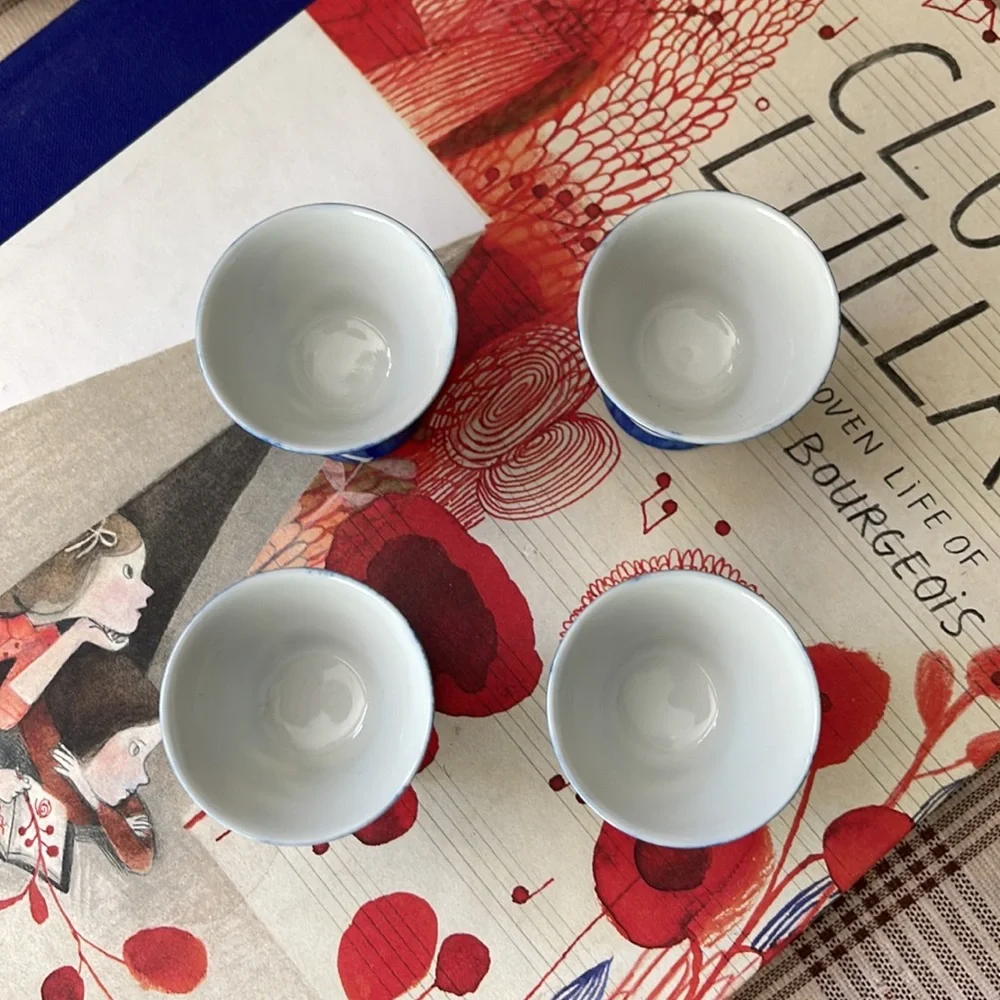 Set of 4 Japanese Porcelain Sake Cups Blue White Japan Calligraphy Motif